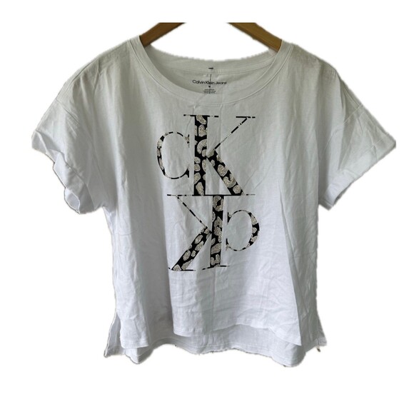 Calvin Klein NWT Reverse Reflection Cheetah Gold Embellish CK Logo Crop Tee M - Picture 1 of 5
